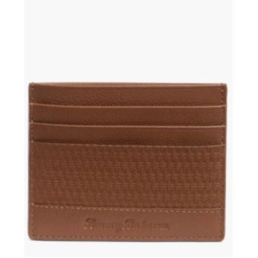Tommy Bahama Leather Card Case Embossed Basket Weave Brown Boxed Gift